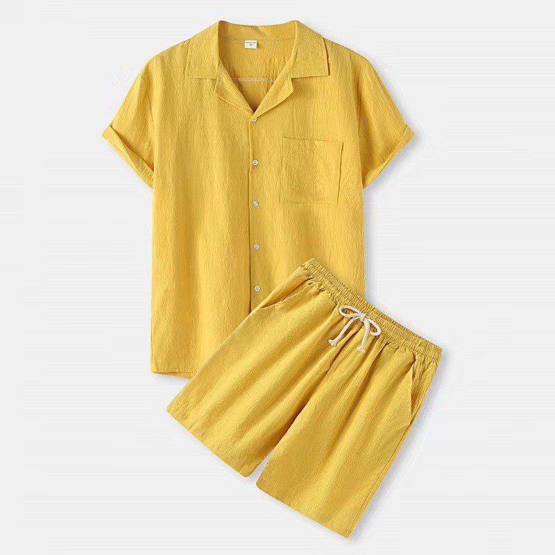 Summer New Slim Men's Short Sleeve Shorts Set Cotton Linen Solid Color Men's T-shirt Two-piece Set A24 Mens Clothes