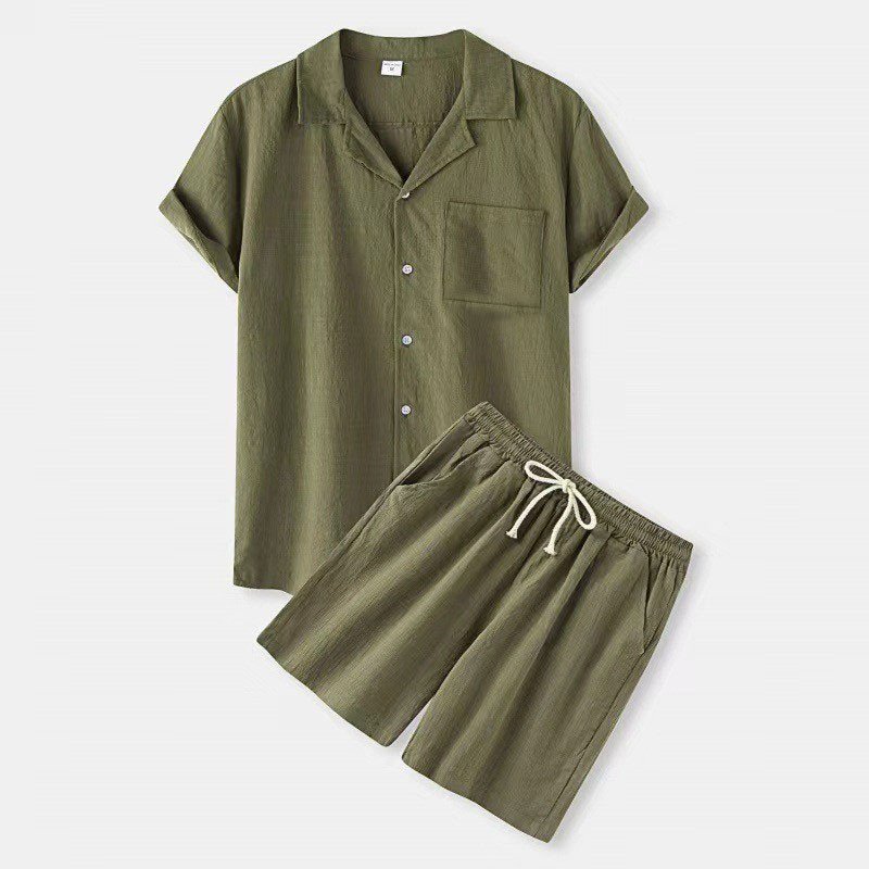 Summer New Slim Men's Short Sleeve Shorts Set Cotton Linen Solid Color Men's T-shirt Two-piece Set A24 Mens Clothes