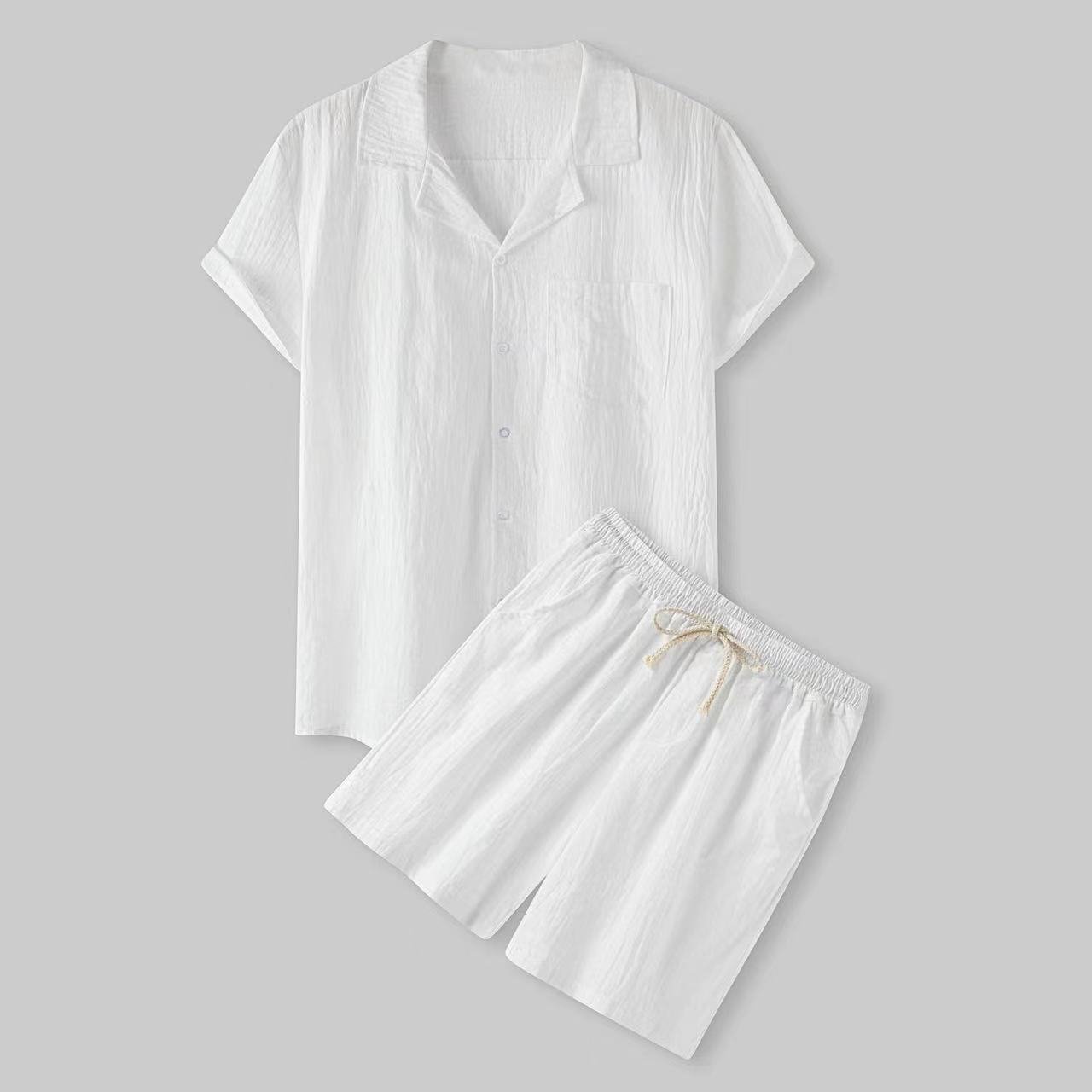 Summer New Slim Men's Short Sleeve Shorts Set Cotton Linen Solid Color Men's T-shirt Two-piece Set A24 Mens Clothes