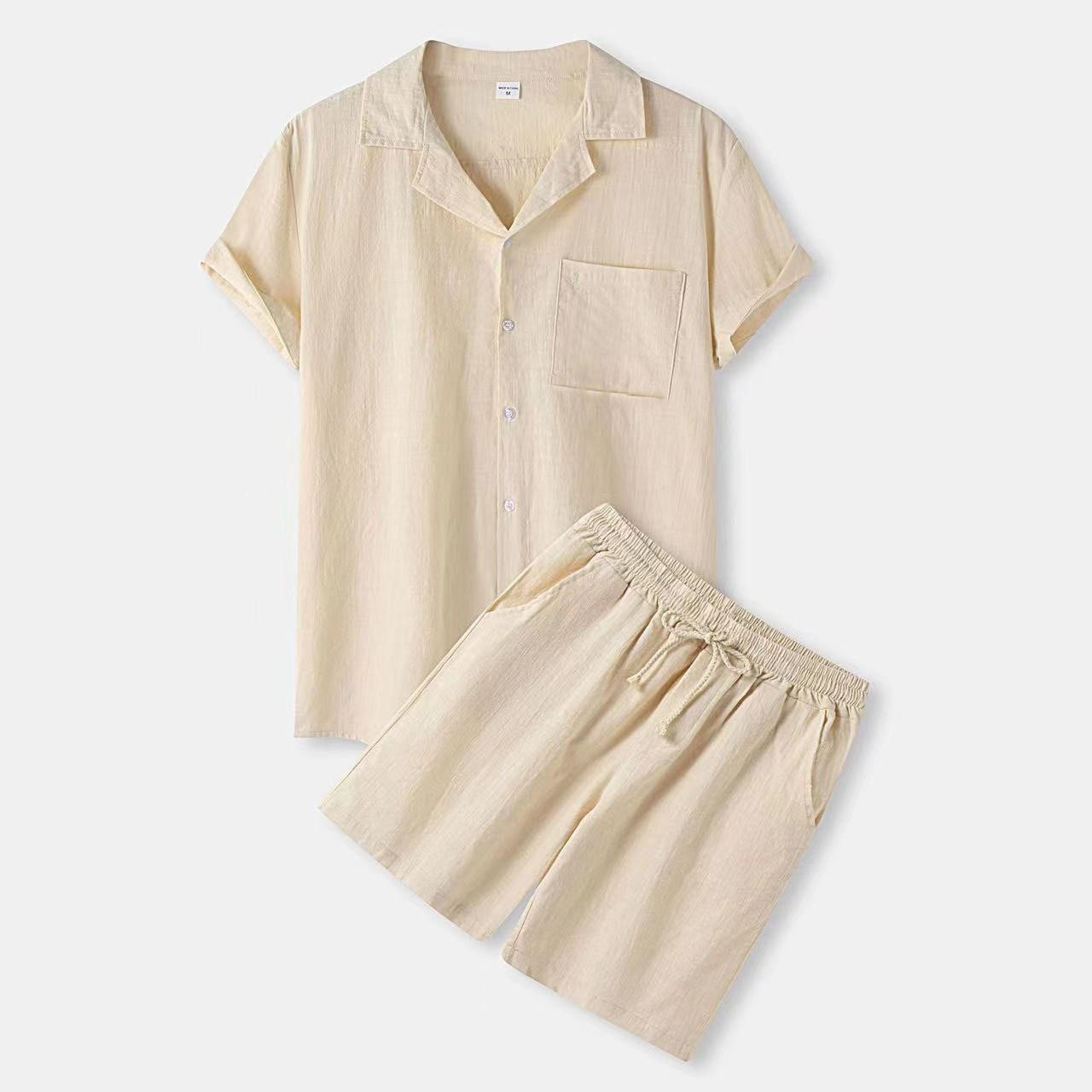 Summer New Slim Men's Short Sleeve Shorts Set Cotton Linen Solid Color Men's T-shirt Two-piece Set A24 Mens Clothes