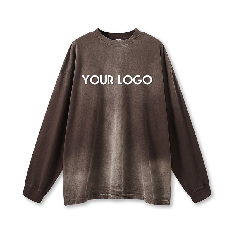 Autumn Winter Loose Custom Crewneck Sweatshirt Retro Gradient Vintage Washed Long Sleeve 100% Cotton Streetwear Men's T Shirt