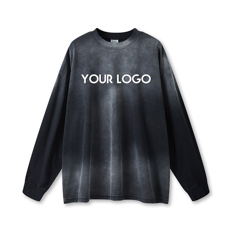Autumn Winter Loose Custom Crewneck Sweatshirt Retro Gradient Vintage Washed Long Sleeve 100% Cotton Streetwear Men's T Shirt