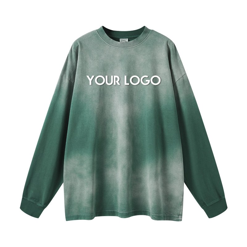 Autumn Winter Loose Custom Crewneck Sweatshirt Retro Gradient Vintage Washed Long Sleeve 100% Cotton Streetwear Men's T Shirt