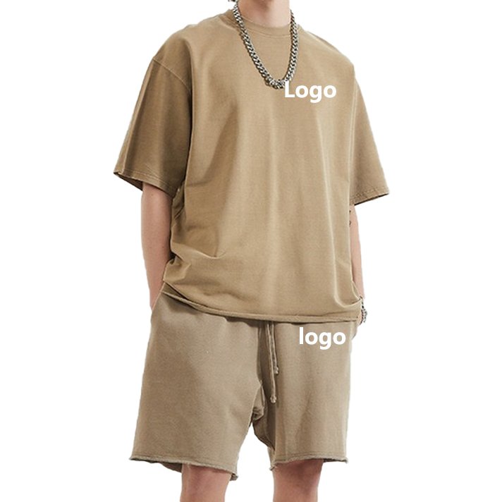 Custom 250gsm men plain t shirt shorts set sweat 2 piece set men's o-neck acid washed vintage tracksuits for men