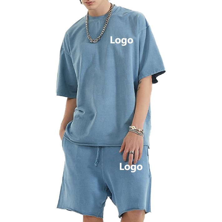 Custom 250gsm men plain t shirt shorts set sweat 2 piece set men's o-neck acid washed vintage tracksuits for men