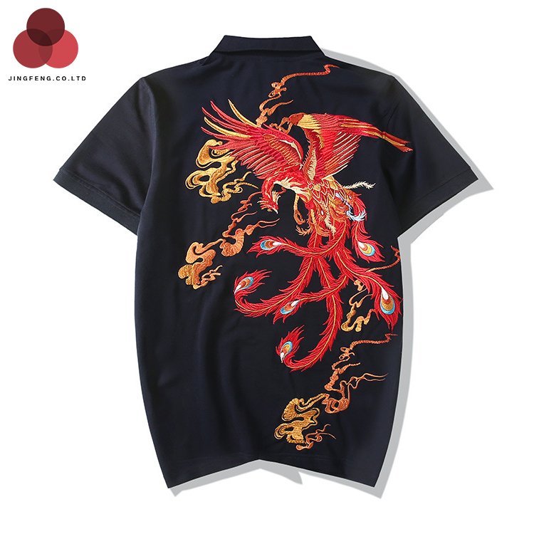 Men's Retro Chinese Style Phoenix Embroidered Polo Shirt Short Sleeve Loose Collar Top with Lapel Casual Plus Size Design