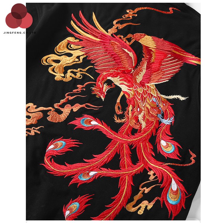 Men's Retro Chinese Style Phoenix Embroidered Polo Shirt Short Sleeve Loose Collar Top with Lapel Casual Plus Size Design