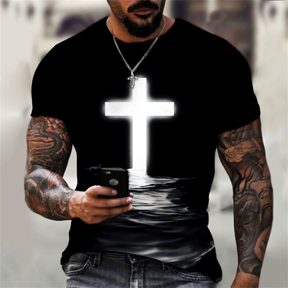 T-shirts For Men Cross Graphic Jesus Christ 3d Print Men's Tshirt Retro Classic Short-sleeved Loose Personality Oversized Tops