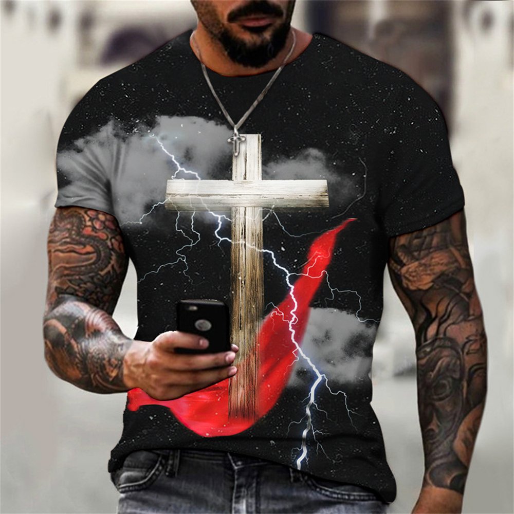 T-shirts For Men Cross Graphic Jesus Christ 3d Print Men's Tshirt Retro Classic Short-sleeved Loose Personality Oversized Tops