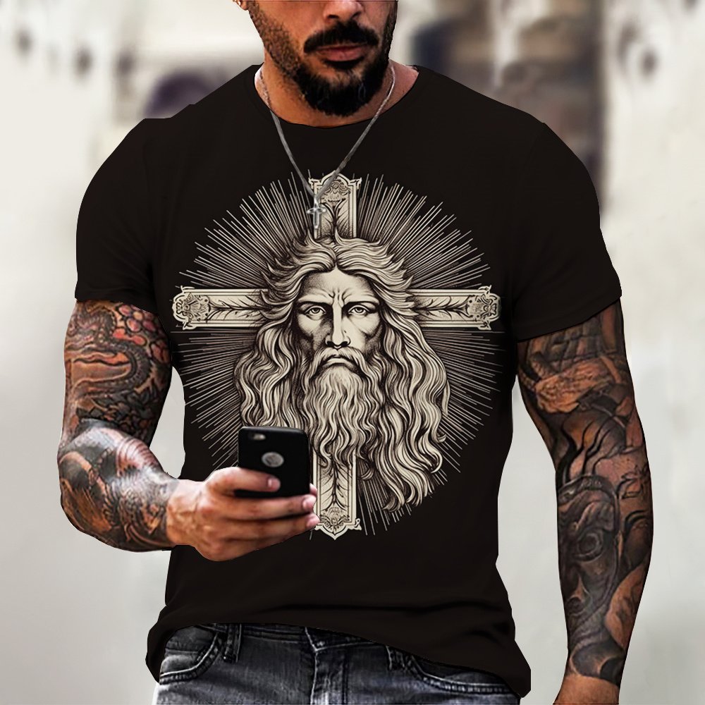 T-shirts For Men Cross Graphic Jesus Christ 3d Print Men's Tshirt Retro Classic Short-sleeved Loose Personality Oversized Tops