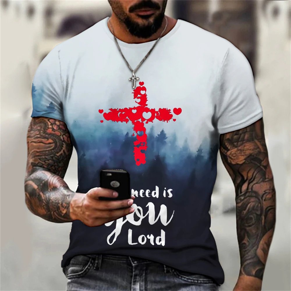 T-shirts For Men Cross Graphic Jesus Christ 3d Print Men's Tshirt Retro Classic Short-sleeved Loose Personality Oversized Tops