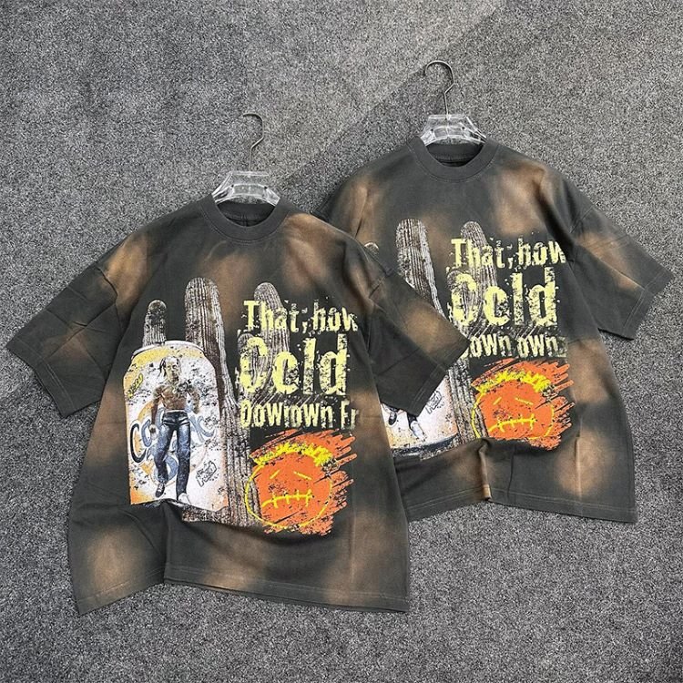 Custom Hip Hop Graphic DTG Printing Vintage Distressed Acid Wash Print T-Shirt Oversize T Shirt Men'S T-Shirts