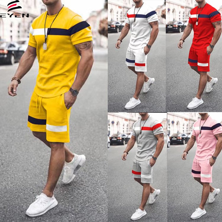 Conyson High Quality Breathable Polyester Casual Two Piece Summer Heat Transfer Splice Tracksuit Men's T-shirts Short Set