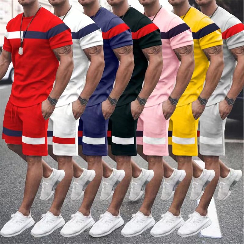 Conyson High Quality Breathable Polyester Casual Two Piece Summer Heat Transfer Splice Tracksuit Men's T-shirts Short Set