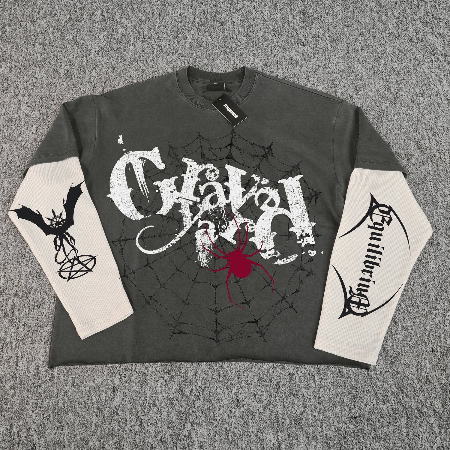 Custom Screen Print T-Shirt Vintage Cotton Ripped Double Layer Long Waffle Sleeve Top Distressed Stone Acid Wash T Shirt For Men