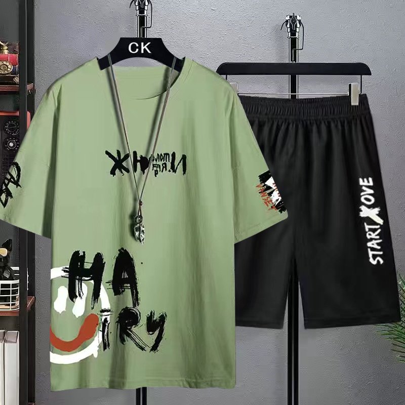 Men's Summer Short Sports Suit Leisure Short Sleeve Men's T-shirt Printed T Shirt Shorts Two Piece