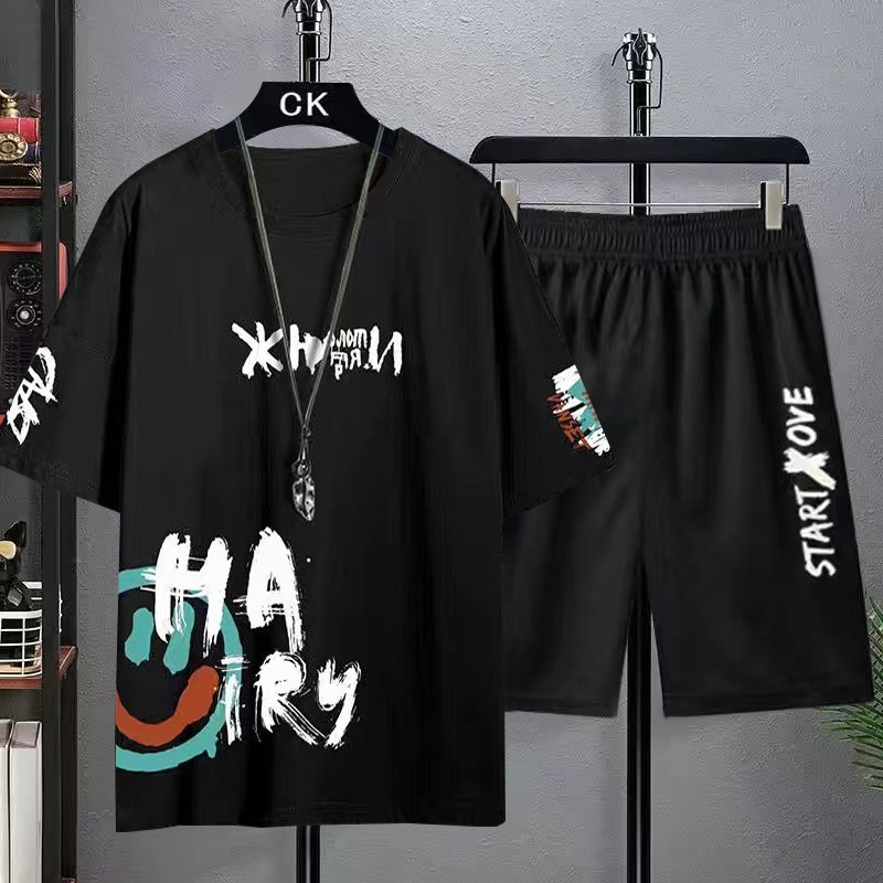 Men's Summer Short Sports Suit Leisure Short Sleeve Men's T-shirt Printed T Shirt Shorts Two Piece
