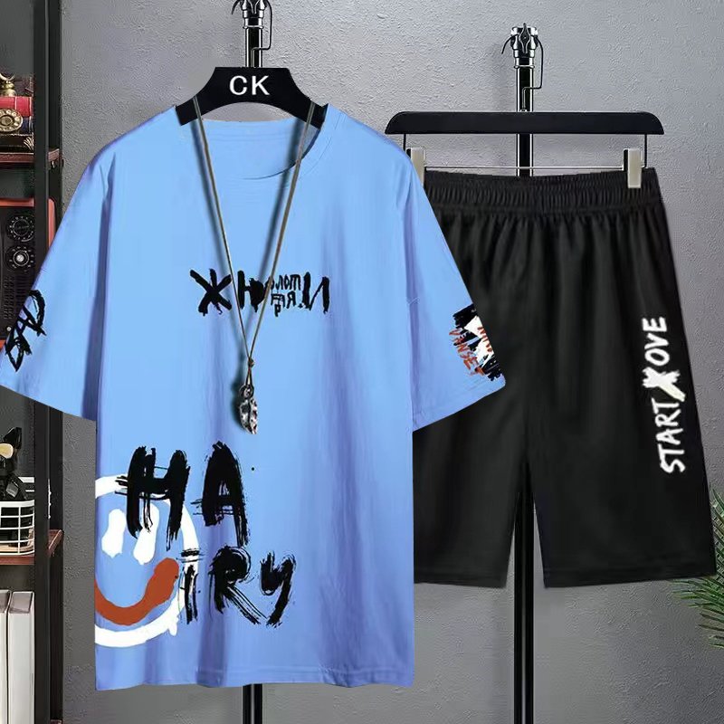 Men's Summer Short Sports Suit Leisure Short Sleeve Men's T-shirt Printed T Shirt Shorts Two Piece