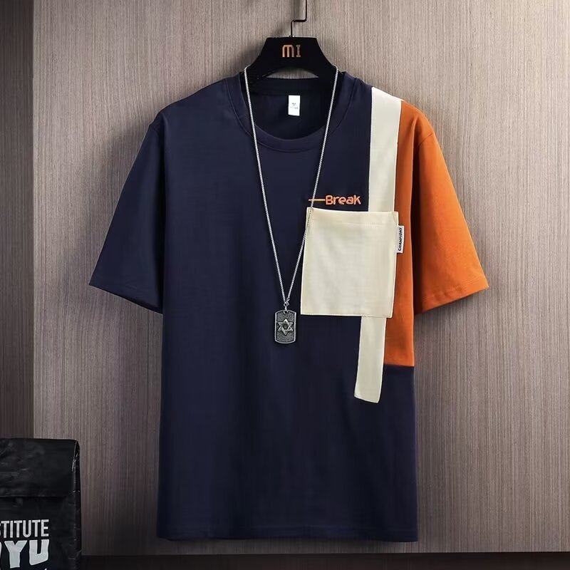 Color contrast stitching short-sleeved T-shirt men's new summer loose fashion trend casual five-quarter sleeve top