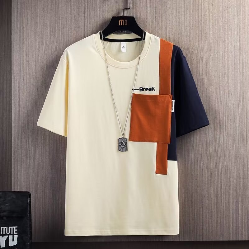 Color contrast stitching short-sleeved T-shirt men's new summer loose fashion trend casual five-quarter sleeve top
