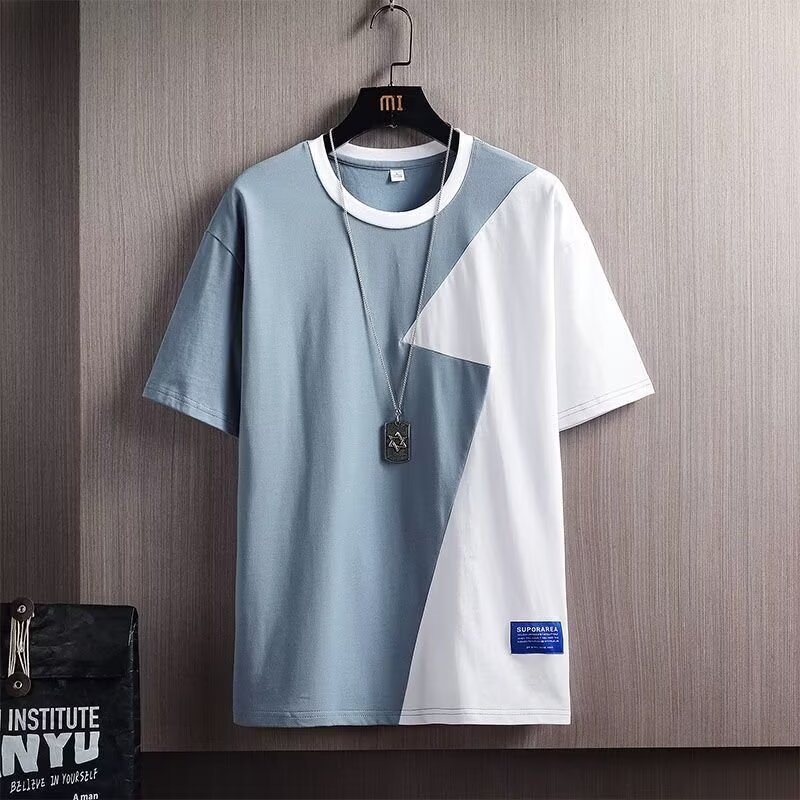 Color contrast stitching short-sleeved T-shirt men's new summer loose fashion trend casual five-quarter sleeve top