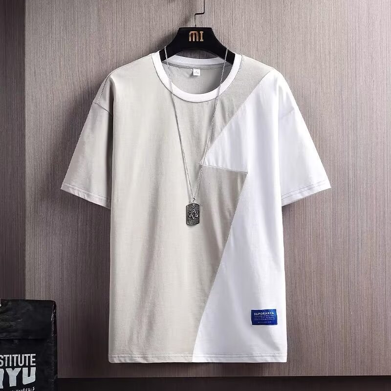 Color contrast stitching short-sleeved T-shirt men's new summer loose fashion trend casual five-quarter sleeve top