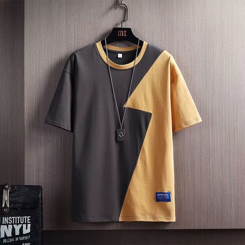Color contrast stitching short-sleeved T-shirt men's new summer loose fashion trend casual five-quarter sleeve top
