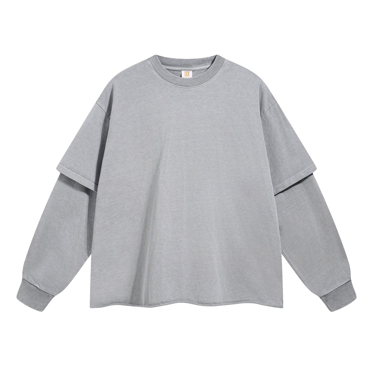 345G Pure Cotton Two Piece Sleeved Loose Edge Round Neck Long Sleeve T-shirt Vintage Washed Double Layered Sleeve Sweatshirt