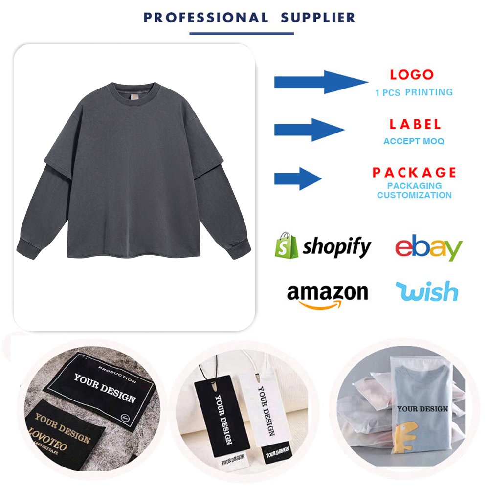 345G Pure Cotton Two Piece Sleeved Loose Edge Round Neck Long Sleeve T-shirt Vintage Washed Double Layered Sleeve Sweatshirt