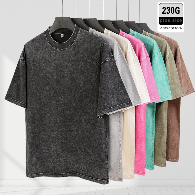 Unisex Plus Size Short Sleeve T-Shirt Retro Washed Cotton Trendy Loose Fit and Oversized Drop Shoulder Design