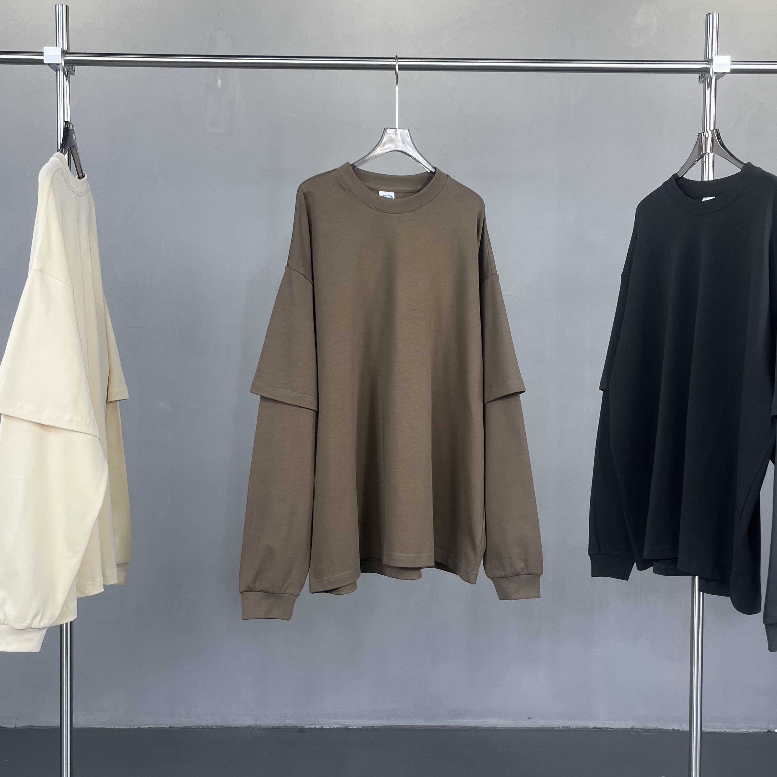 custom round neck Double Layered Longsleeve t shirt Crop Top Tee oversized double layer long sleeve tshirt men design cropped
