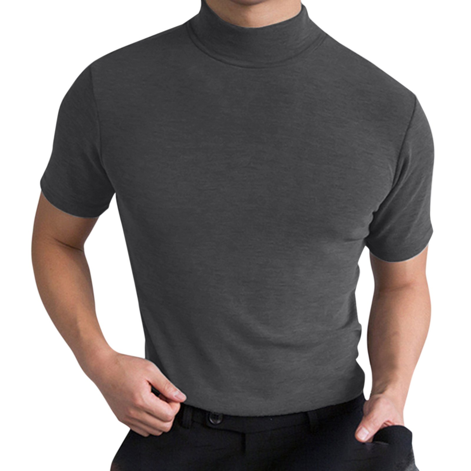 New Fashion Custom Shirts Plus Size Men'S Shirts Turtleneck Solid Color Short Sleeve T Shirt For Men