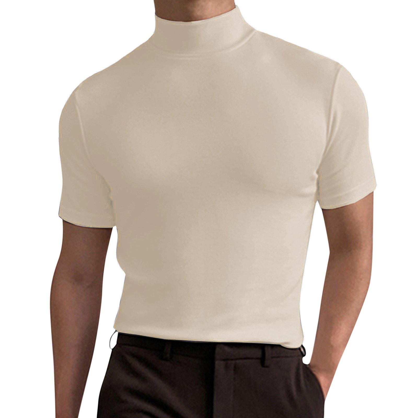 New Fashion Custom Shirts Plus Size Men'S Shirts Turtleneck Solid Color Short Sleeve T Shirt For Men