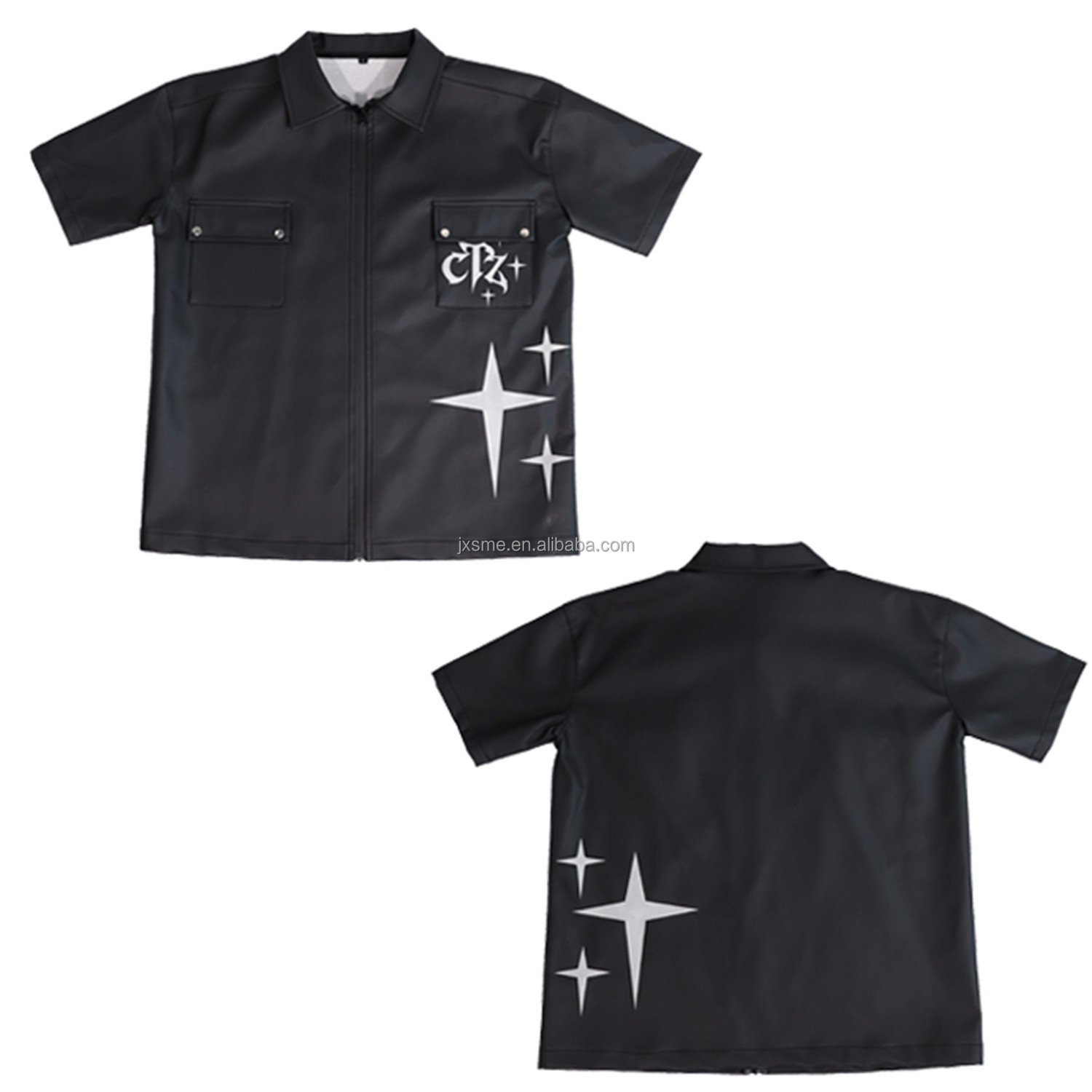 Popular leather fabric shirts for men custom logo printed short sleeve fashion zipper plus size men's shirts with pockets