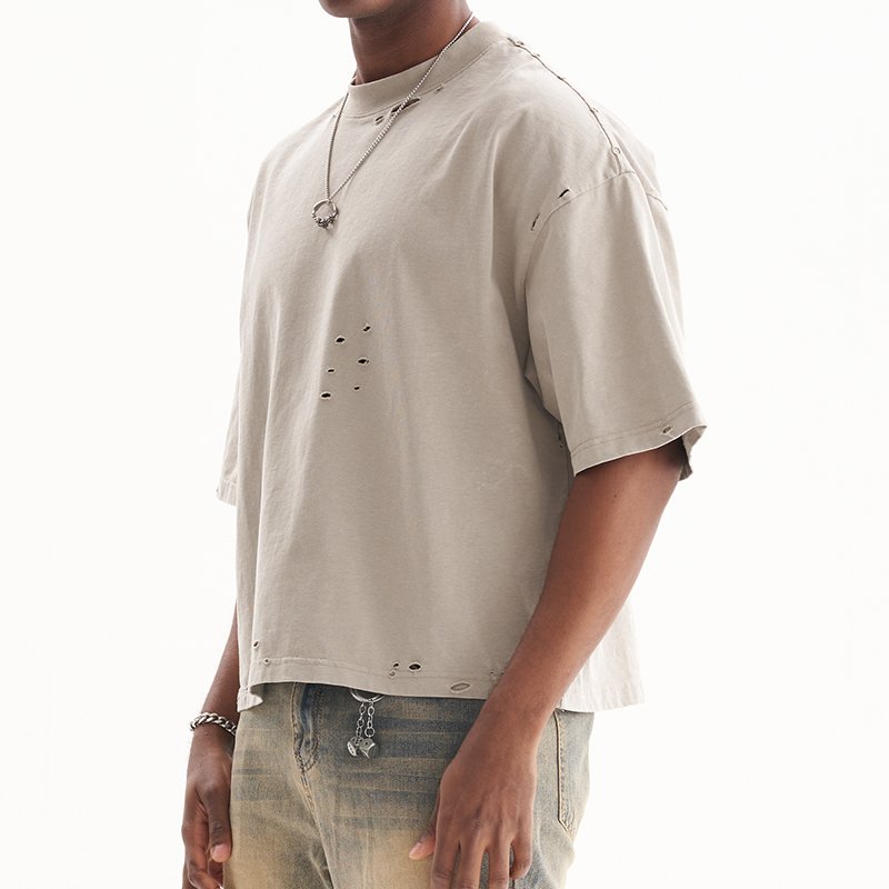 high quality heavyweight distressed cropped tshirt vintage boxy men's t-shirts custom acid wash t shirt for men
