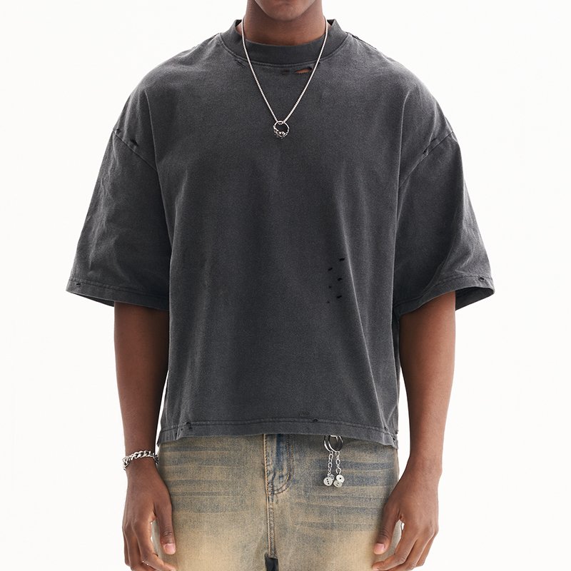 high quality heavyweight distressed cropped tshirt vintage boxy men's t-shirts custom acid wash t shirt for men