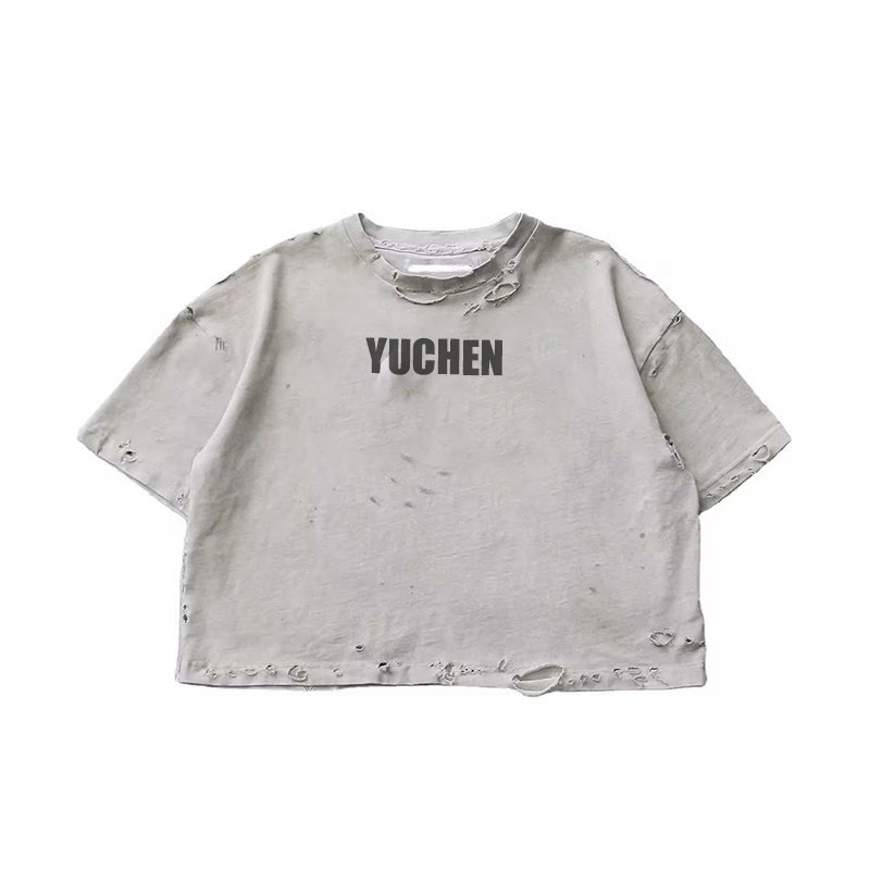 Streetwear Heavyweight Cut n Sew French Terry Oversized Vintage Tee Custom Boxy Cropped Dirty Wash Distressed Rip T Shirt Men