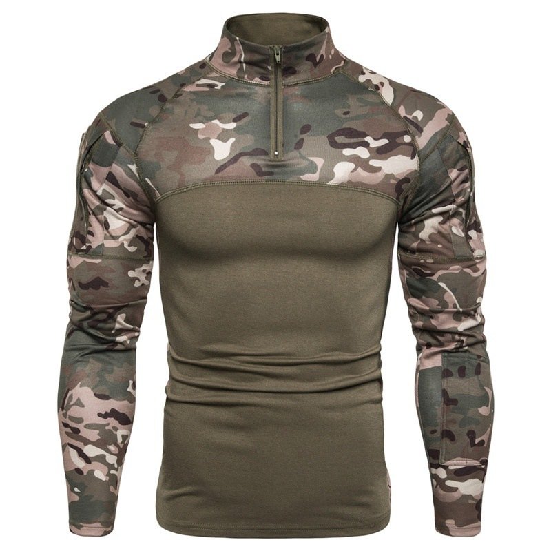 Custom New Men's Camo Slim Fit Quarter Zipper Stand Neck collar Fitness long sleeve tight training quick dry Breathable t shirt
