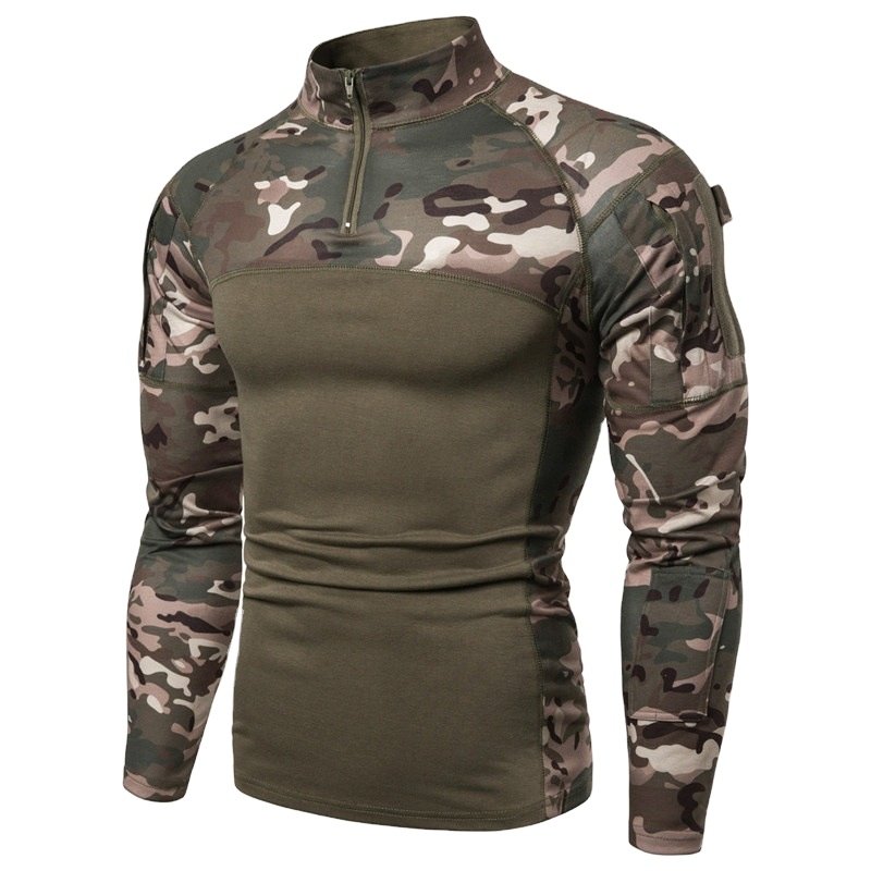 Custom New Men's Camo Slim Fit Quarter Zipper Stand Neck collar Fitness long sleeve tight training quick dry Breathable t shirt