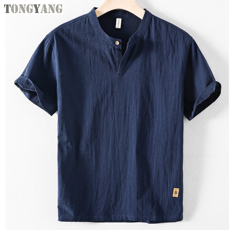 TONGYANG 2024 new hot selling high quality men's short-sleeved cotton linen T-shirt casual stand collar cotton linen shirt