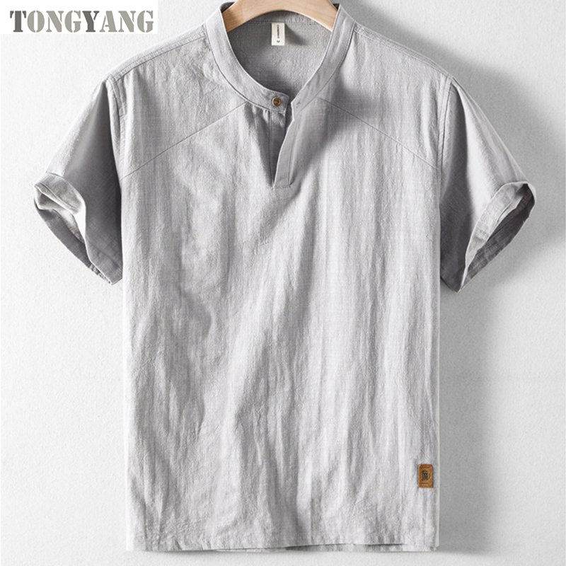 TONGYANG 2024 new hot selling high quality men's short-sleeved cotton linen T-shirt casual stand collar cotton linen shirt