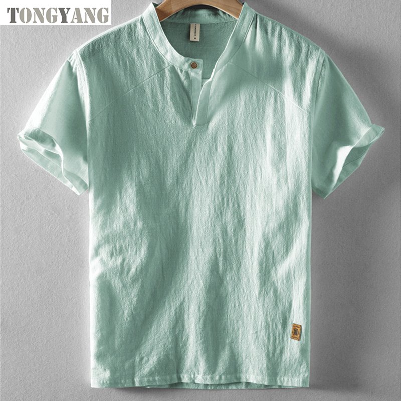TONGYANG 2024 new hot selling high quality men's short-sleeved cotton linen T-shirt casual stand collar cotton linen shirt