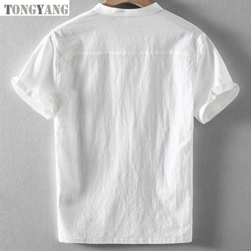 TONGYANG 2024 new hot selling high quality men's short-sleeved cotton linen T-shirt casual stand collar cotton linen shirt