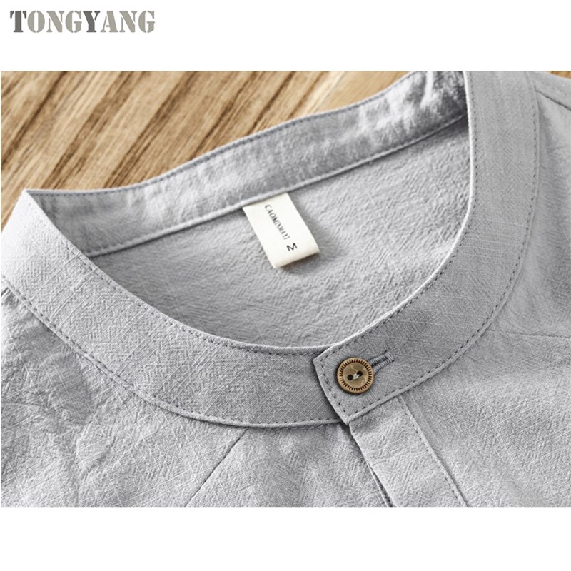 TONGYANG 2024 new hot selling high quality men's short-sleeved cotton linen T-shirt casual stand collar cotton linen shirt