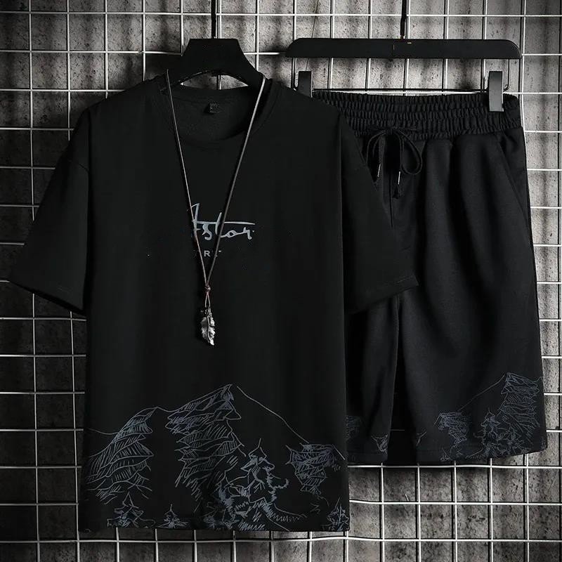 New Men's T-shirt Shorts Set Summer Breathable Casual T shirt Running Set Harajuku Fashion Printed Male Sport Suit