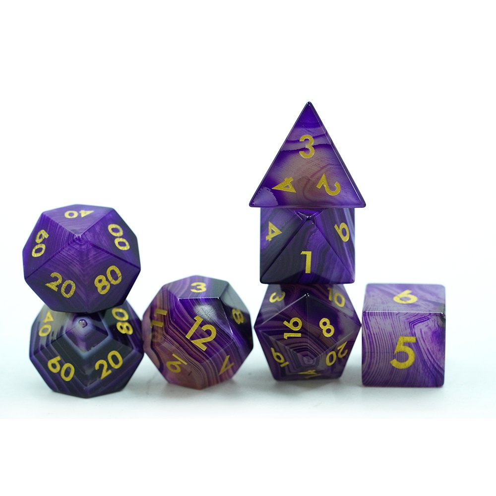 Polyhedral Custom Logo Rpg Dungeons And Dragons Stone Sharp Edge Sides Pattern natural Purple Agate Gemstone Stripe Dice Set