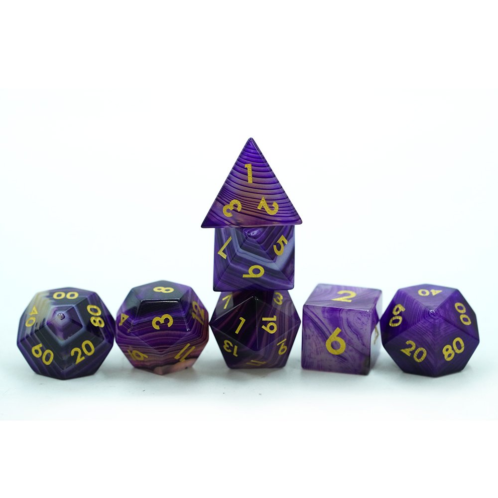 Polyhedral Custom Logo Rpg Dungeons And Dragons Stone Sharp Edge Sides Pattern natural Purple Agate Gemstone Stripe Dice Set