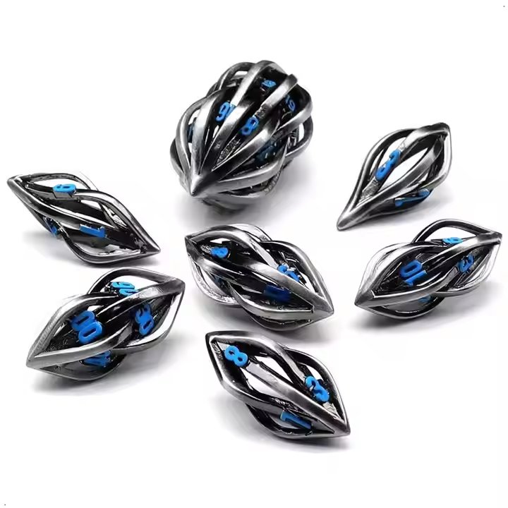 3D Printed Arcanum Silver Hollow Set 7Pcs Dungeons and Dragons Dice Metal RPG Polyhedral Dice for DND Game Player