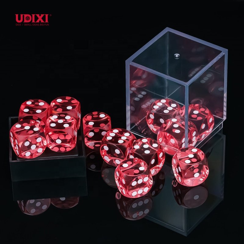 Udixi High Quality Custom Precise Transparent Casino Dice Resin 16mm D6 Pip Dice Set with ABS Box