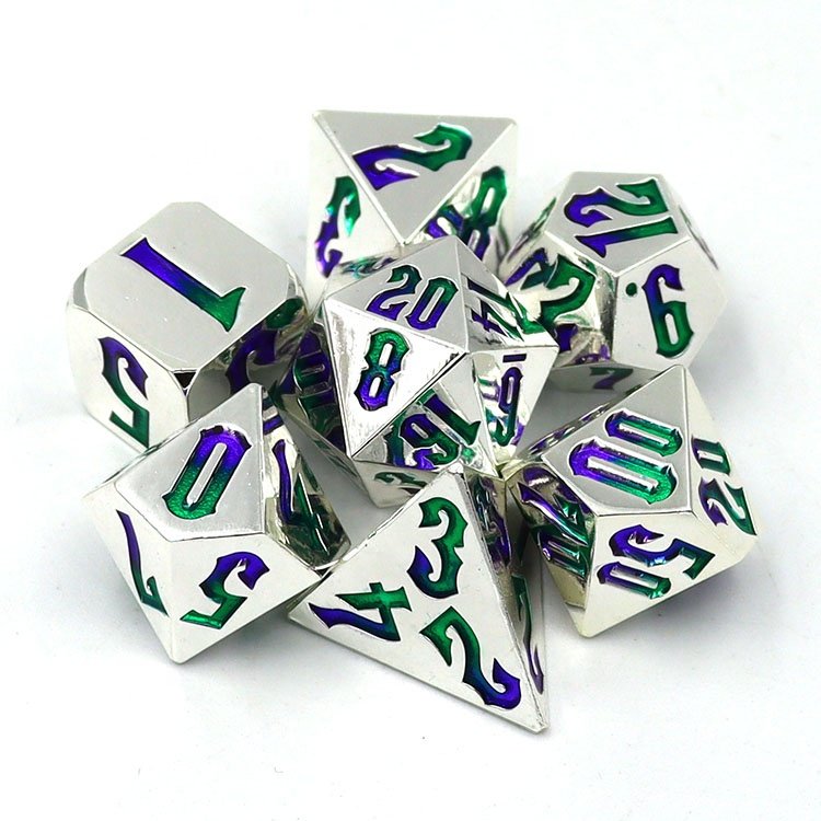 2024 White Dragon Scale Metal Gold Dice Set 7 Pcs with Green Edge Veet Pouch for Children playing Dungeons Dragons D&d Dnd
